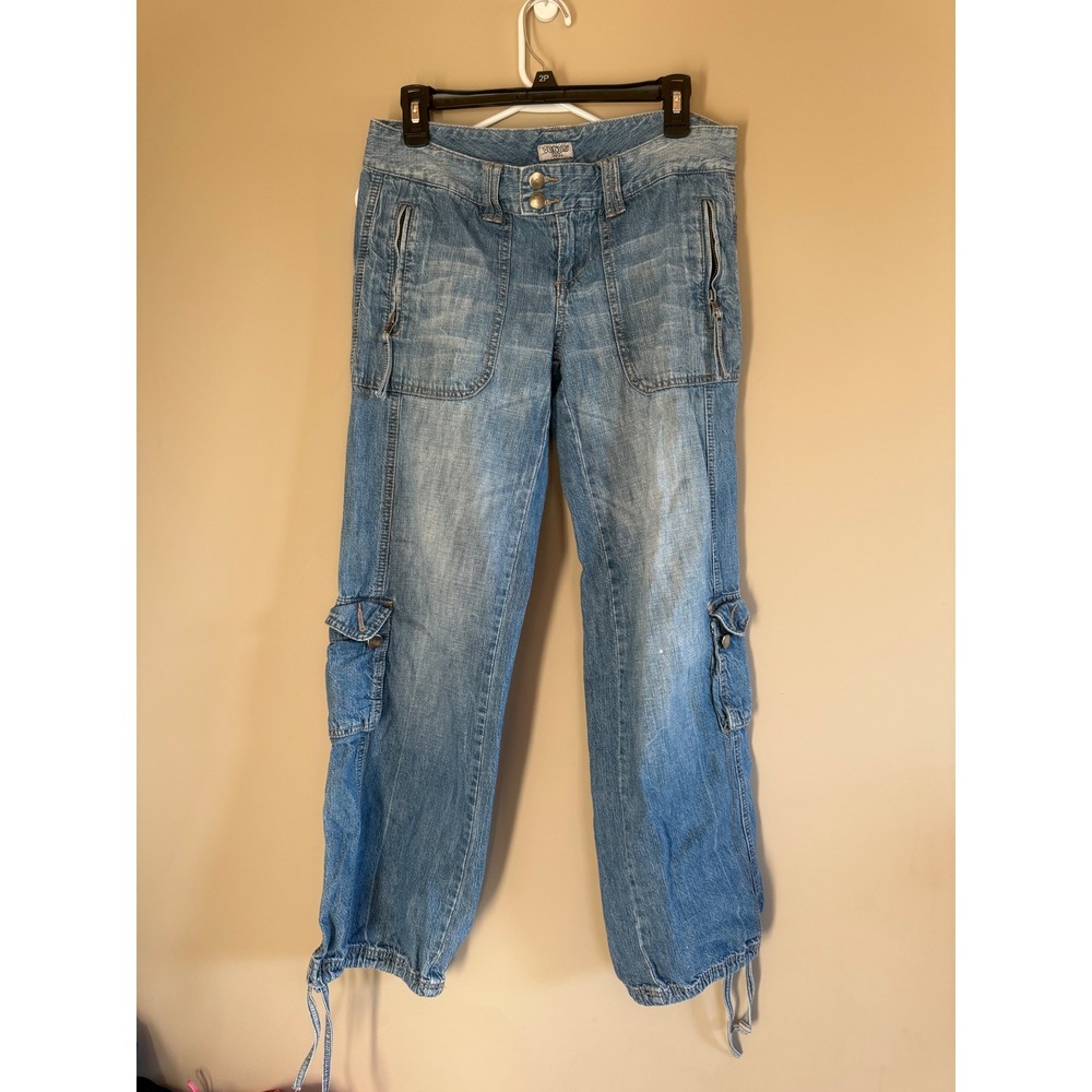 Venus USA Women Blue Denim Cargo Pants Light Wash Drawstring Hem Size 8 IS61363V